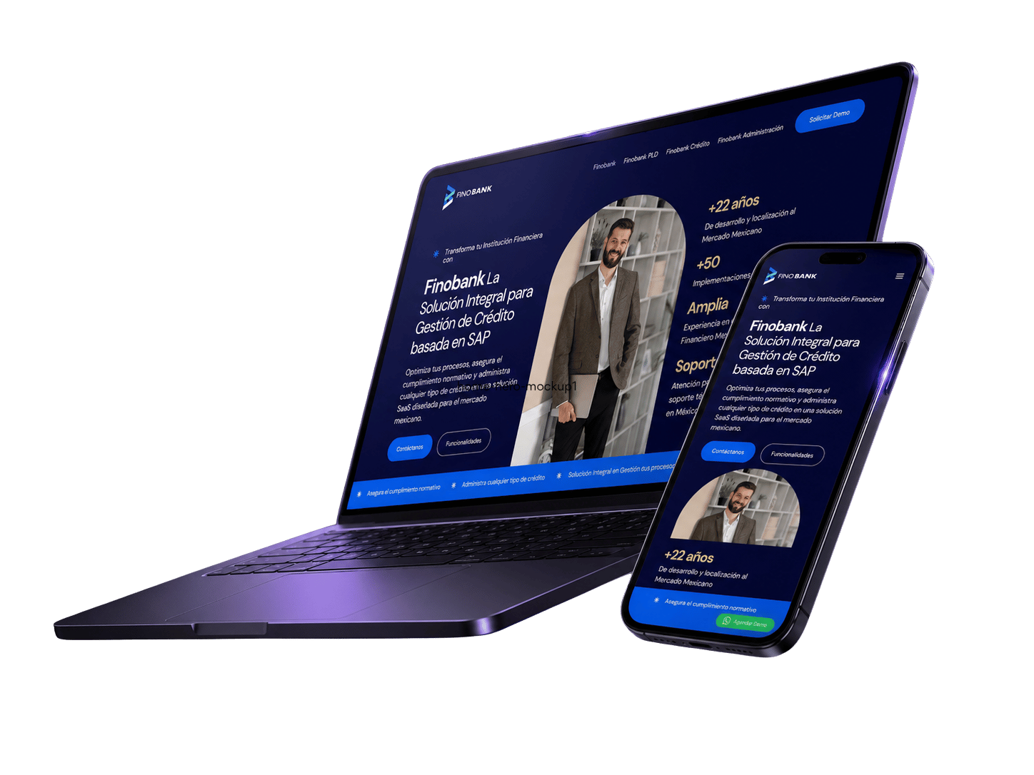 MUX Studio — mockup de proyecto en laptop y móvil con interfaz dark y acento morado